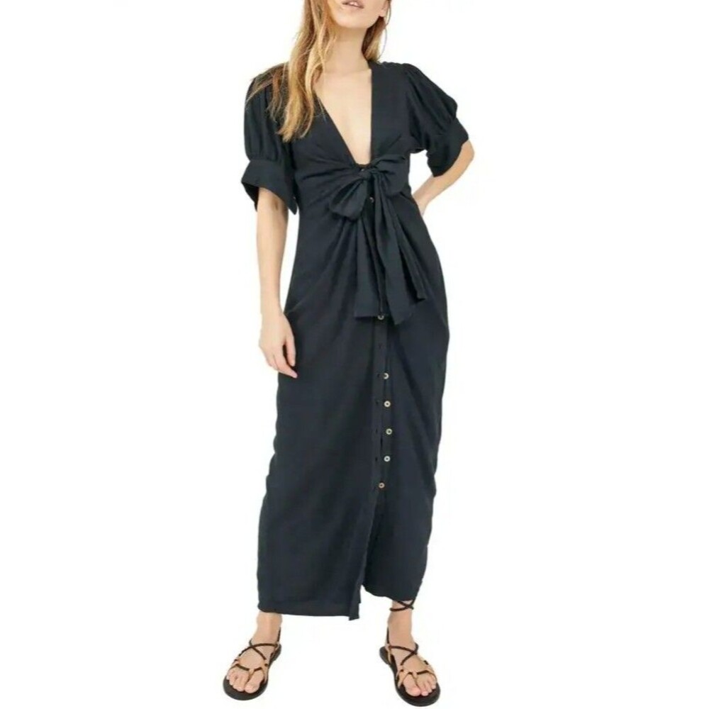 NEW Free People Women's Maxi Dress XS Black Plunge Neck Tie Front Linen Blend - Picture 1 of 10